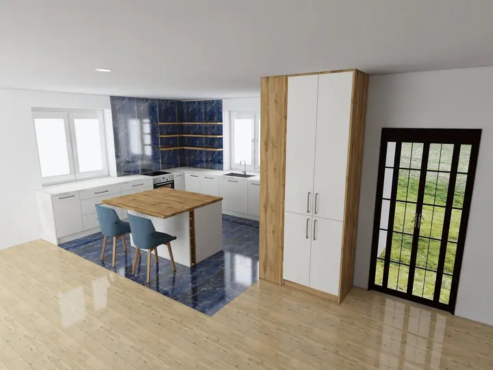 Projekt 3D kuchni z wyspą przygotowany przez PSH Meble